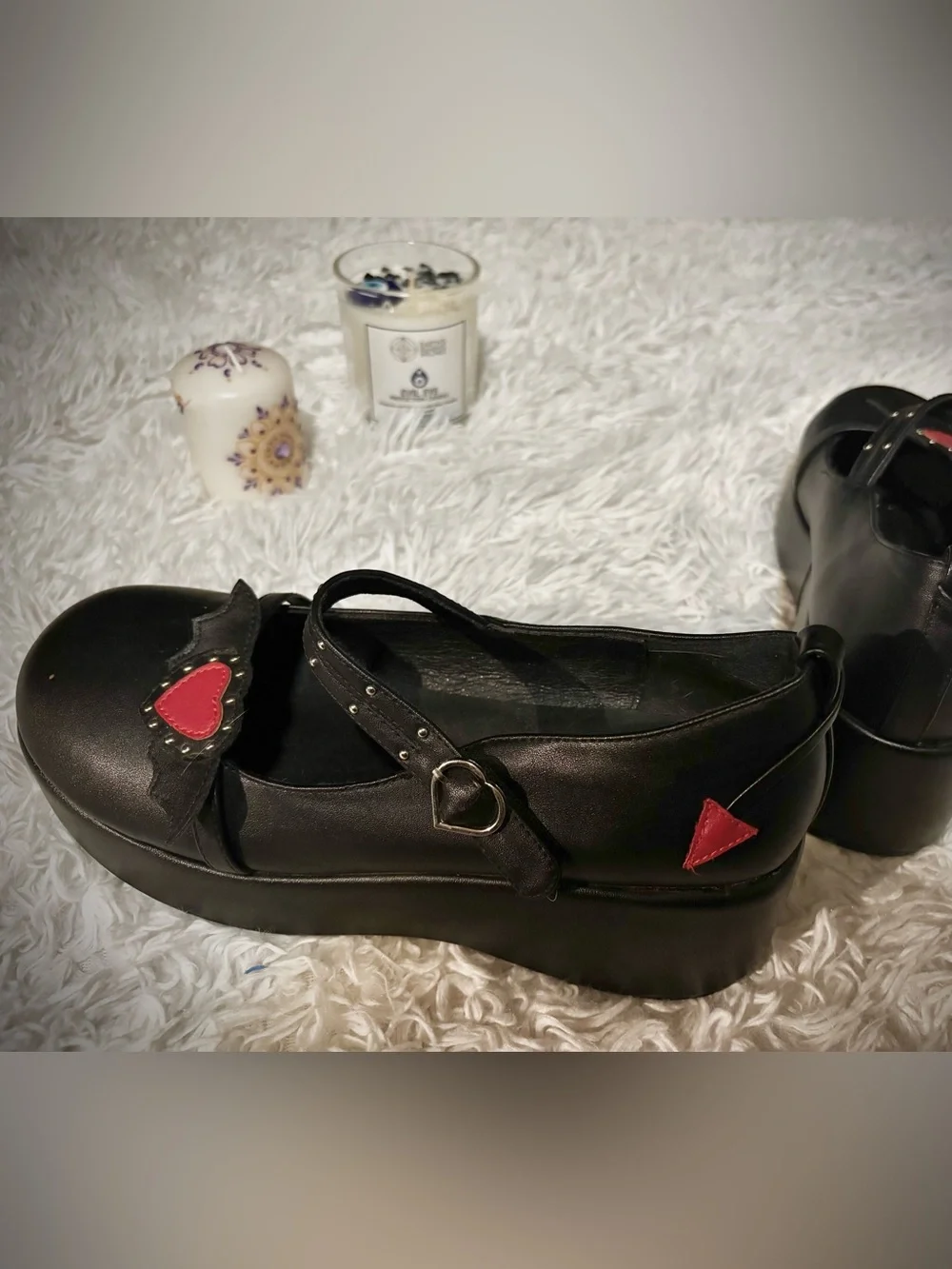 Black Lolita Valentine Women’s Platform Mary Jane Shoes with Red Heart Accent